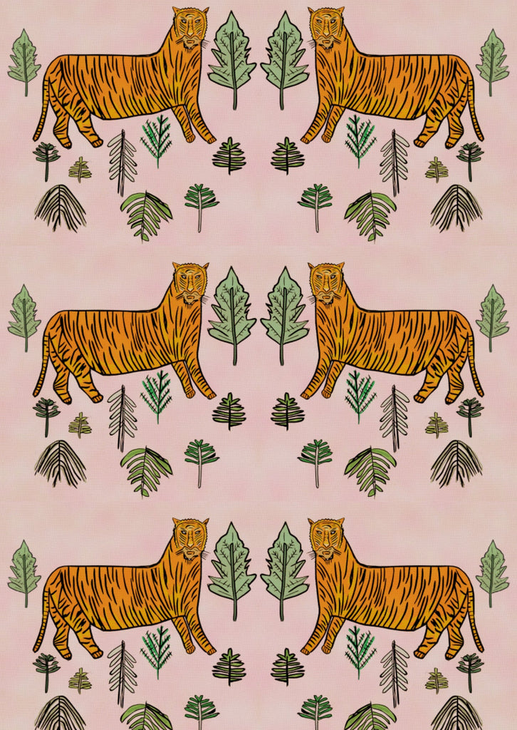 tessuto raffigurante delle tigri su colori pastello.