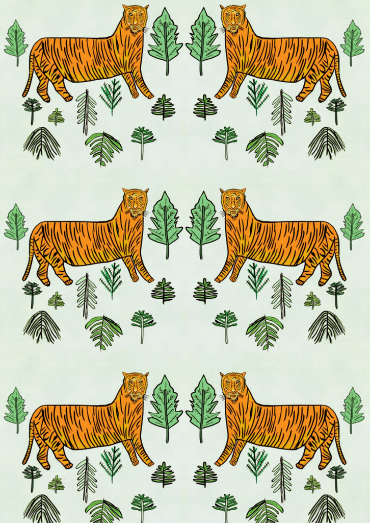 tessuto raffigurante delle tigri su colori pastello.