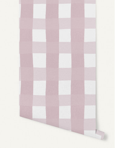 Carta da parati Papermint Vichy in rosa, azzurro e grigio.